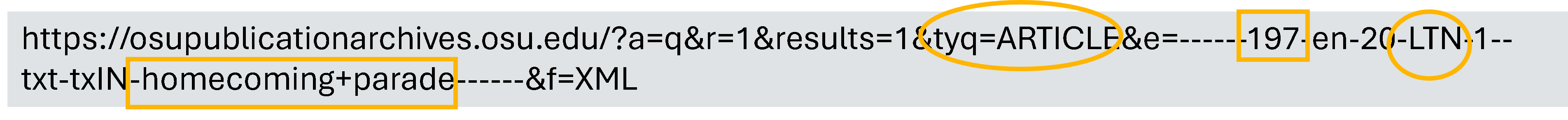 Screenshot of search url showing the position of homecoming+parade, the publication abbreviation LTN, the tyq Article, and the decade 197-