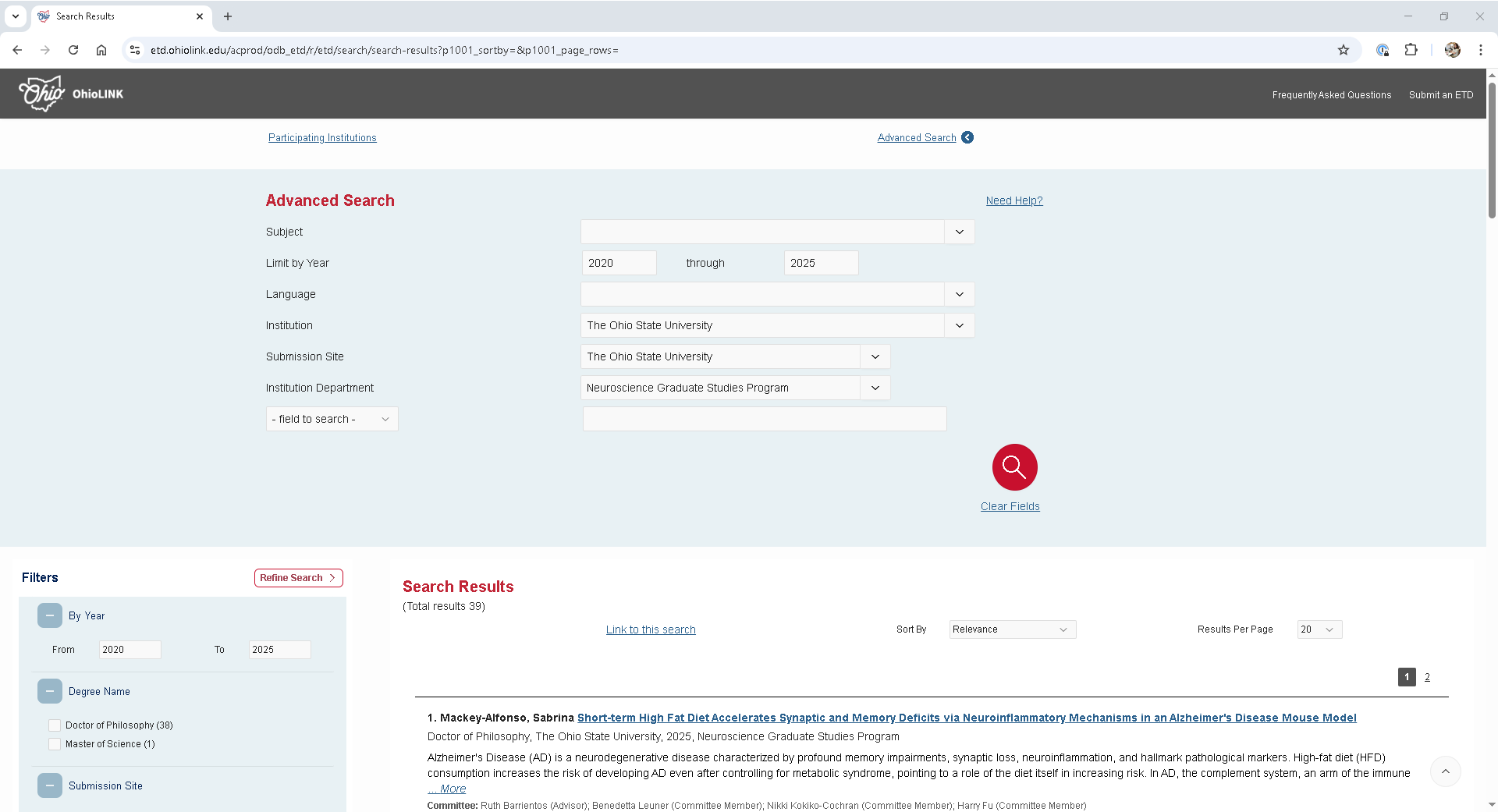 Screenshot of OhioLINK ETD search limited by year 2020 through 2025, institution and submission site = The Ohio State University, institution departmetn = Neuroscience Graduate Studies Program. There are 39 total search results on 2 pages.