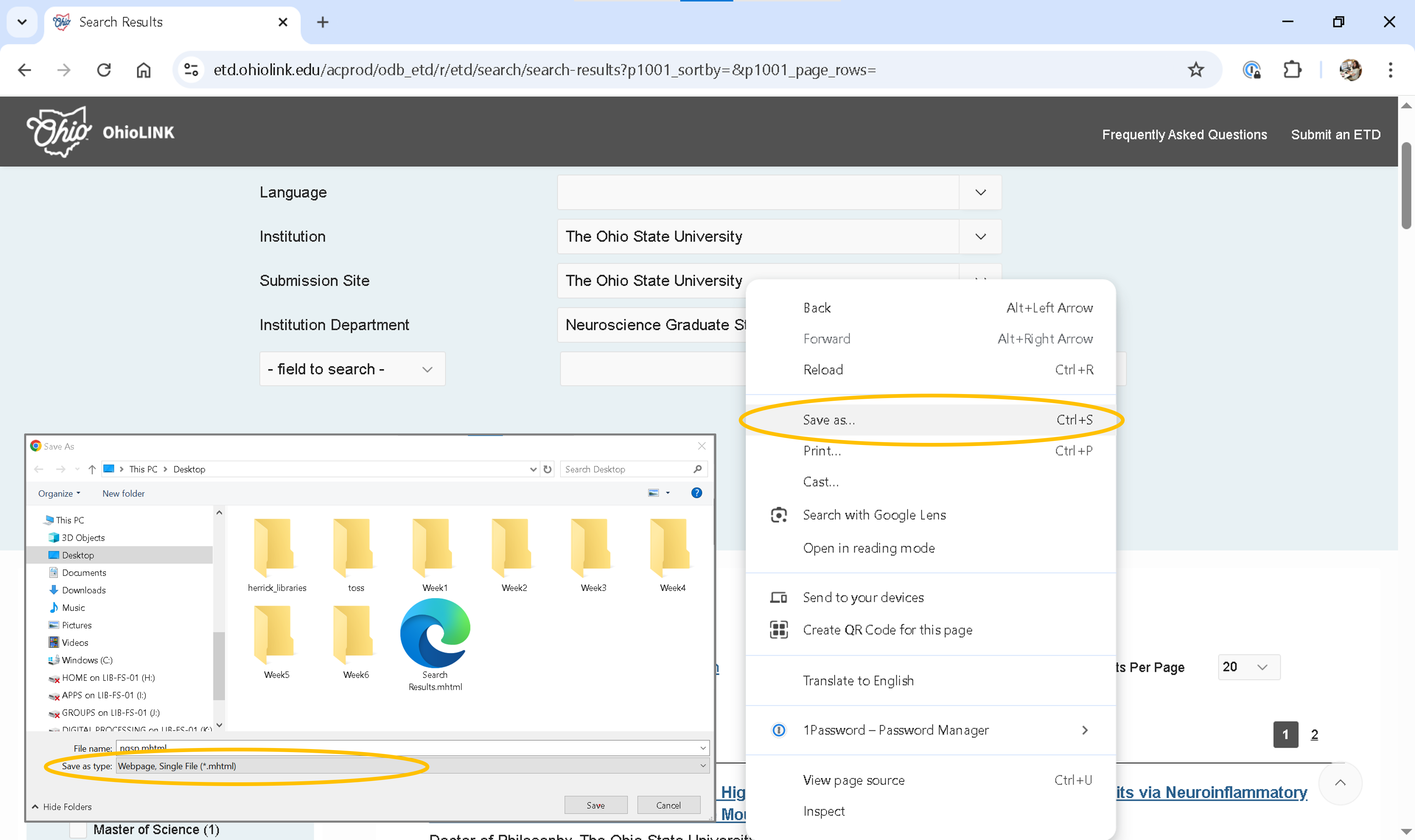 Screenshot of OhioLINK ETD search showing location of Save As and screenshot of the explorer window with webpage, single file (*.mhtml) selected for save as type