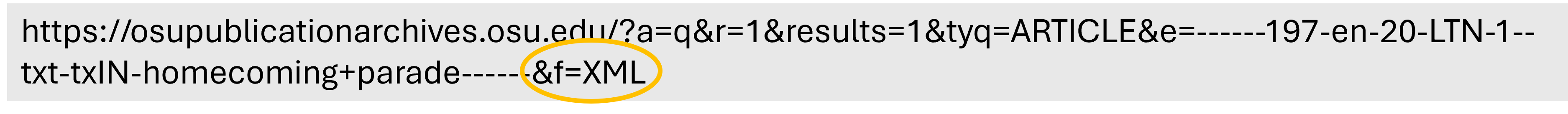 Screenshot of url with &f=XML added to the end of the url