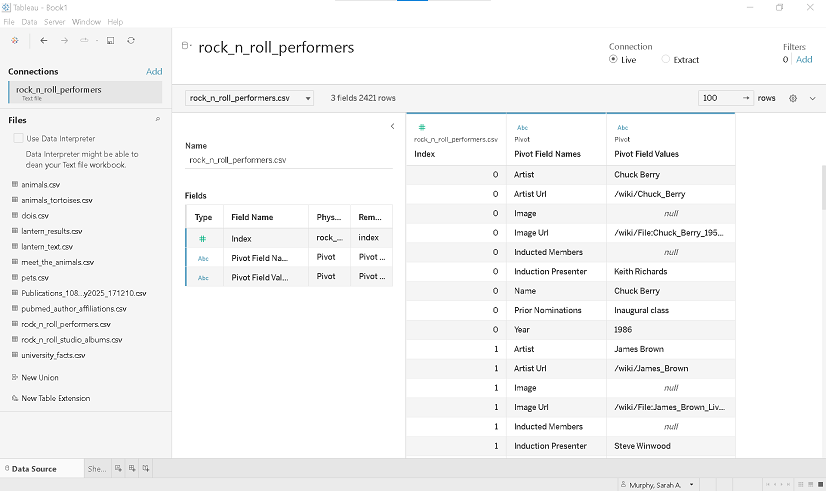 data source window showing all fields except index pivoted.