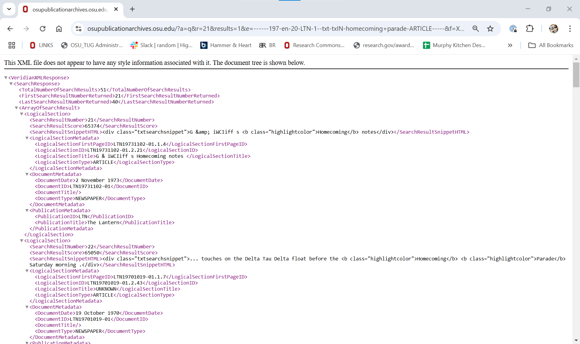 Screenshot of XML output