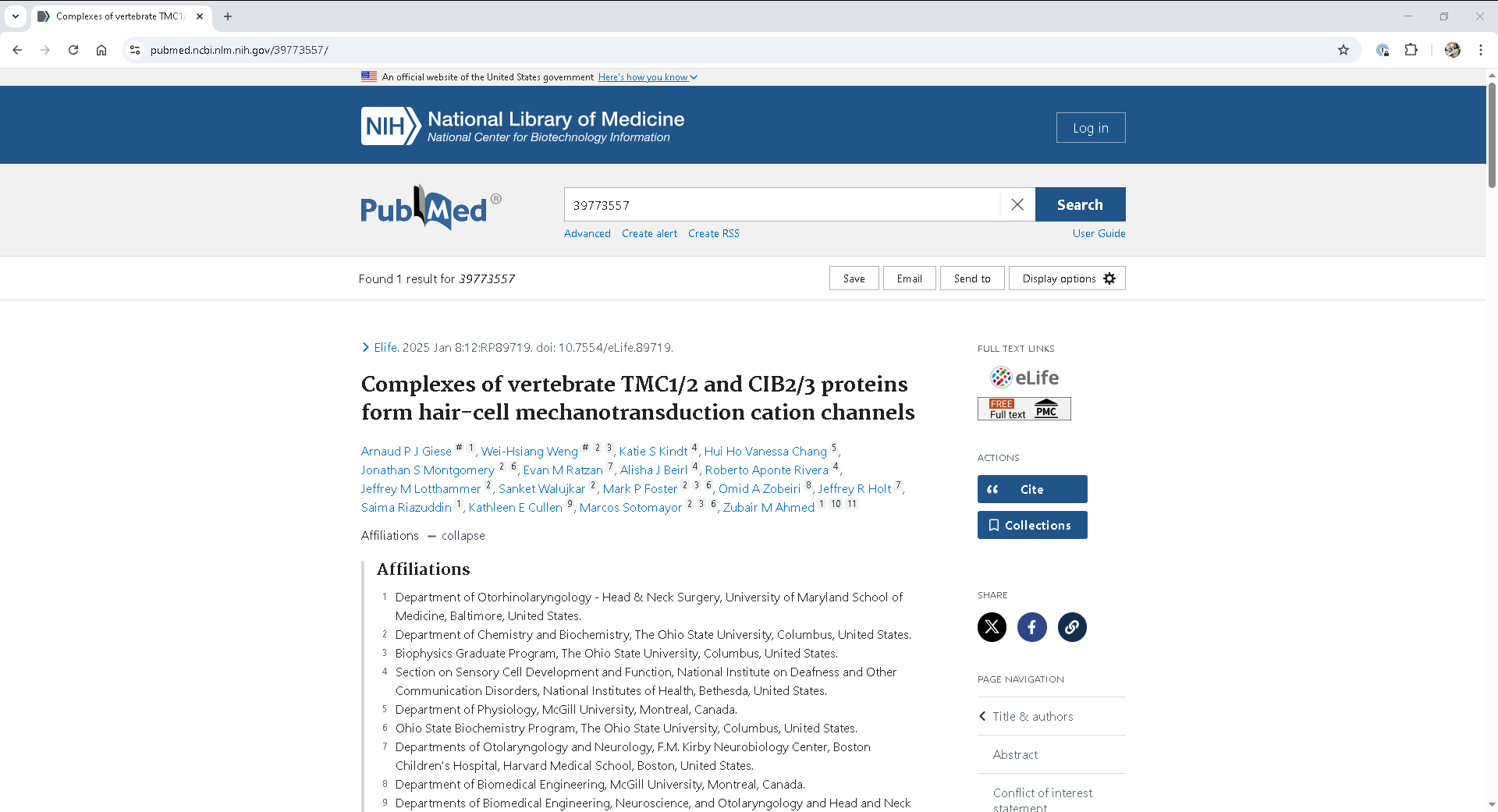 Screenshot of PubMed record showing affiliation list expanded.