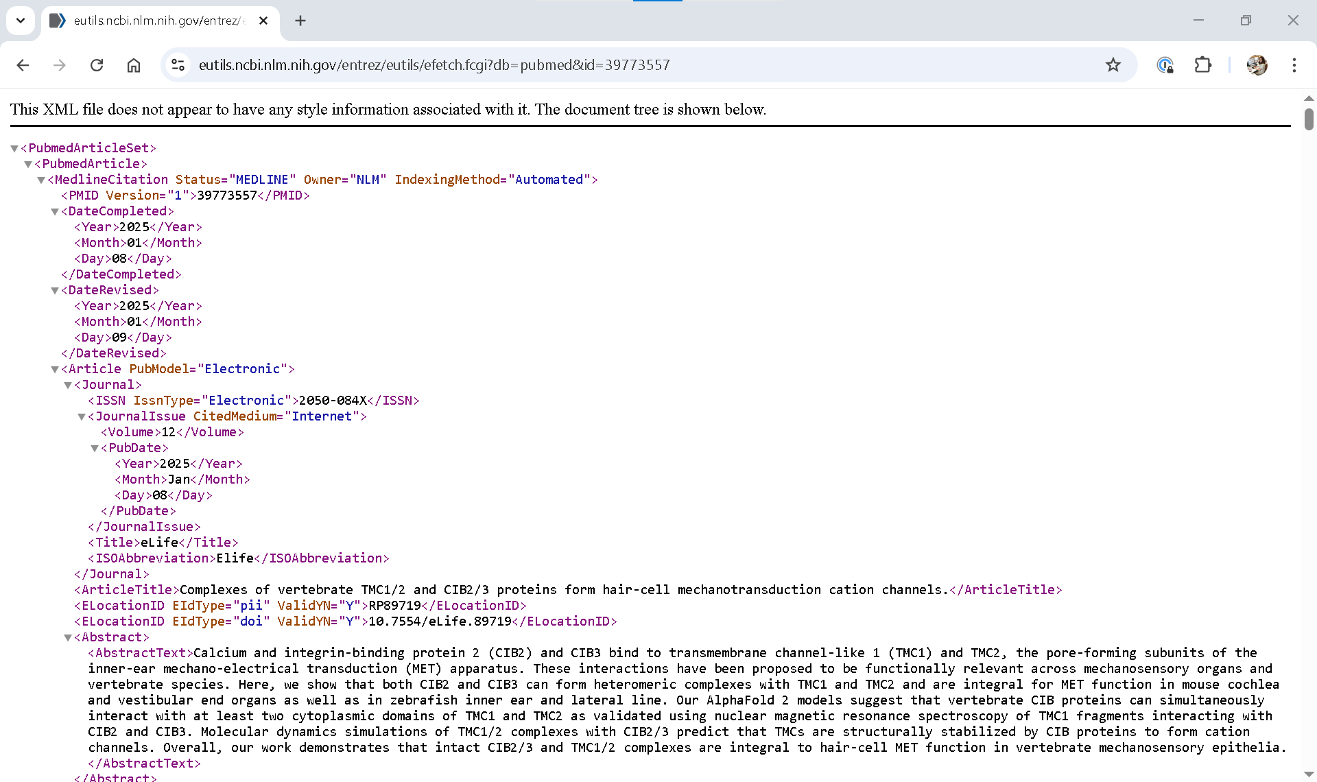 Screenshot of PubMed XML record number 39773557
